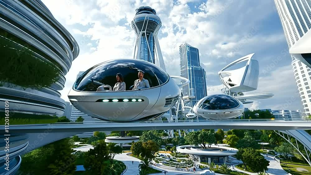 Futuristic City with Floating Vehicles and Levitating People Futuristic City with Floating Vehicles and Levitating People