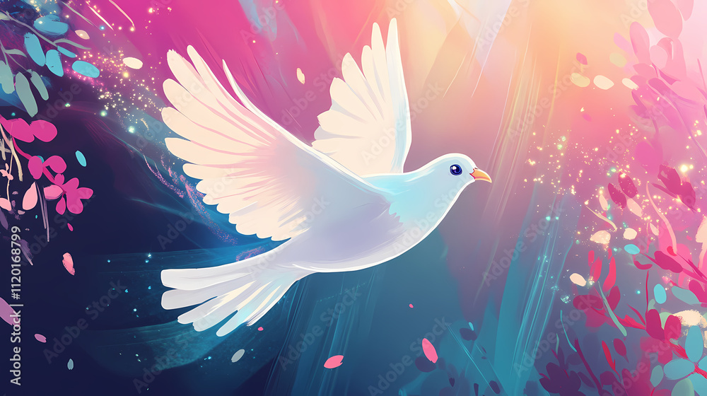 Divine light flat design abstract white bird in concept freedom sacred theme cartoon drawing colored pastel. Seraphic. Illustration Divine light flat design abstract white bird in concept freedom sacred theme cartoon drawing colored pastel. Seraphic. Illustration