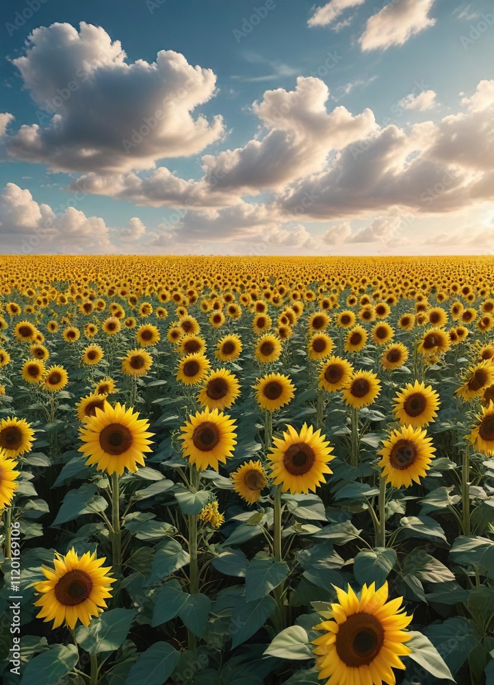 Obraz premium Endless sea of golden sunflowers waving in the wind on a serene blue sky with a few puffy clouds, wildflower meadow, countryside, endless hills
