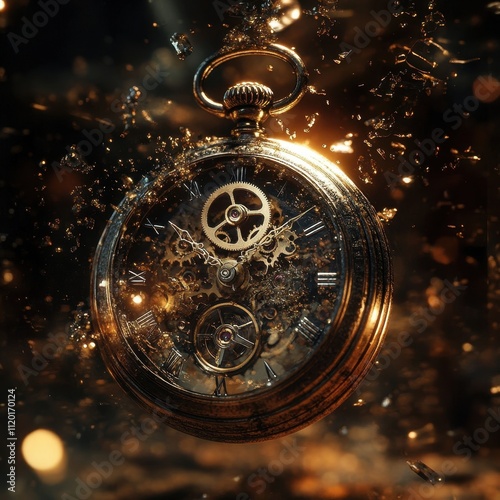 Frozen Pocket Watch in Shattered Time Artistic Display Fantasy Environment Close-up Conceptual Imagery