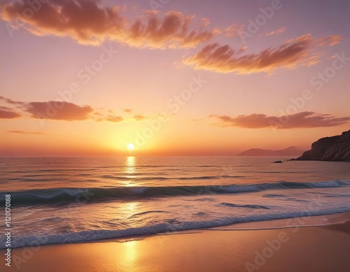 A serene and peaceful atmosphere with soft orange hues at sunset over the Mediterranean Sea, mediterranean, sky