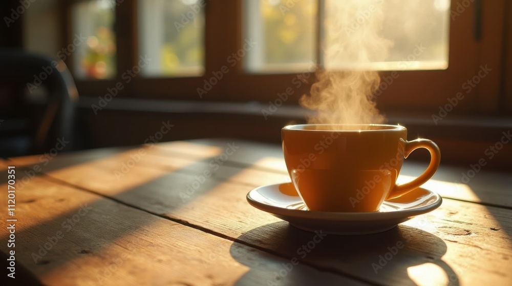 Steaming Cup of Coffee on Rustic Wooden Table Steaming Cup of Coffee on Rustic Wooden Table