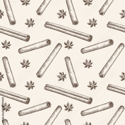 Engraved vector repeating background with Cinnamon sticks, bark brown spice. Hand drawn seamless pattern with rolled cinnamons, flower. Spicy seasoning, condiment aromatic ingredient. For print