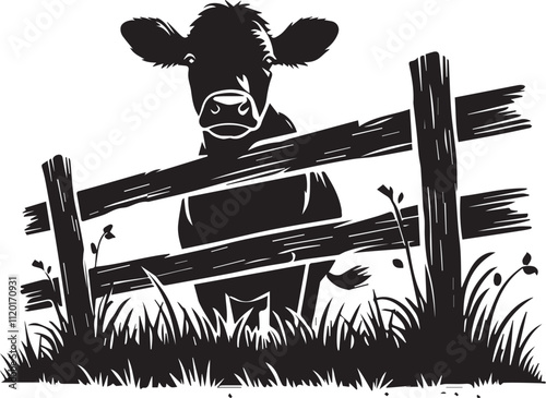 A cow peeking under a broken fence rail vector black silhouette
