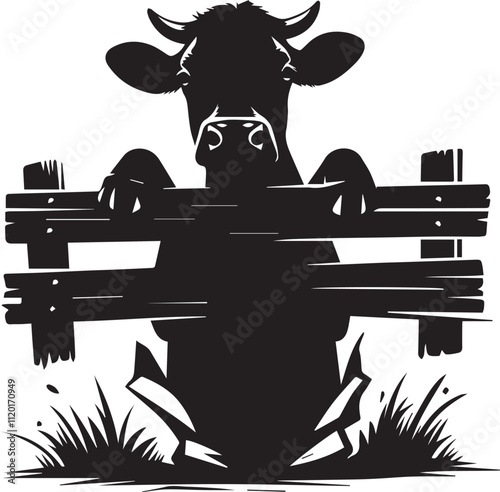 A cow peeking under a broken fence rail vector black silhouette