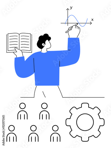 Person holding book and drawing graph gear icon, and stylized audience. Ideal for education, teaching, learning, presentation, mathematics, knowledge, teamwork. Line metaphor