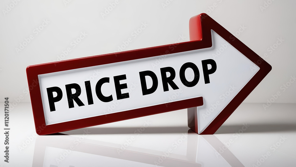 Price drop sign with arrow pointing down, isolated on white background, conveys sense of urgency and excitement for savings Price drop sign with arrow pointing down, isolated on white background, conveys sense of urgency and excitement for savings