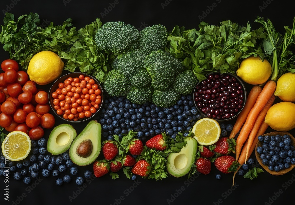 A Vibrant Display of Fresh Fruits and Vegetables on a Dark Background Featuring Berries, Citrus, Greens, and Colorful Produce in an Aesthetic Arrangement