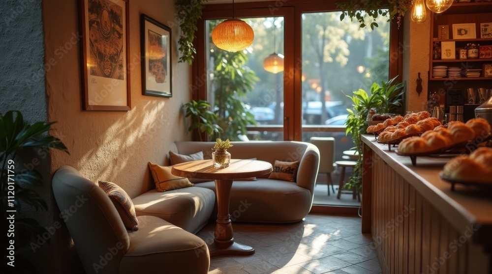Cozy Cafe Corner with Soft Seating and Pastries Cozy Cafe Corner with Soft Seating and Pastries