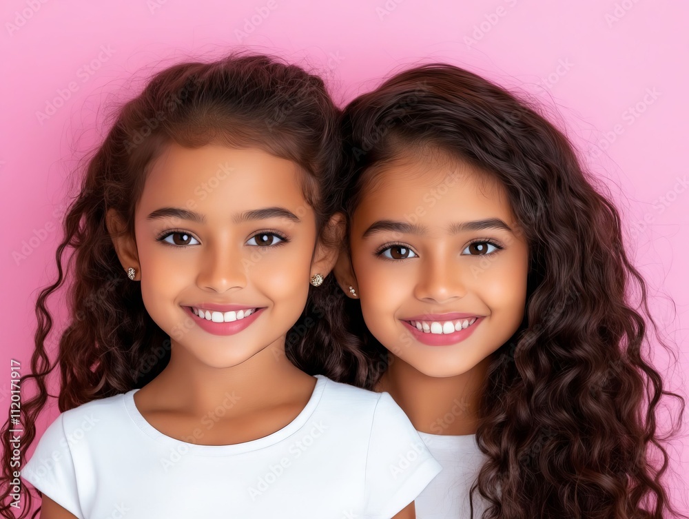 Two young girls with long curly hair smiling at the camera Two young girls with long curly hair smiling at the camera