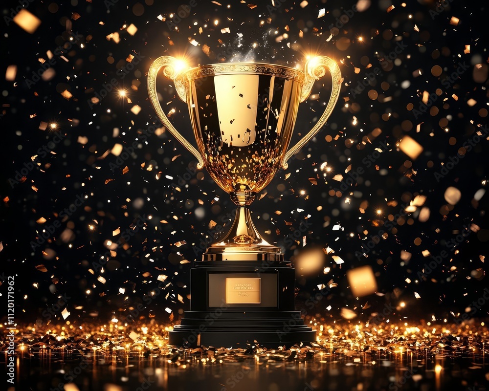A shiny gold trophy surrounded by sparkling confetti against a dark background, symbolizing achievement and celebration. A shiny gold trophy surrounded by sparkling confetti against a dark background, symbolizing achievement and celebration.