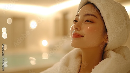 Relaxed woman in a spa setting with a towel, enjoying a peaceful moment.