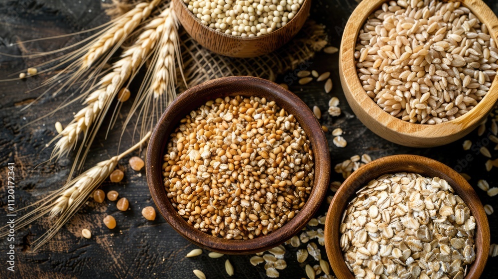 Various grains and seeds displayed in wooden bowls on a rustic surface. Various grains and seeds displayed in wooden bowls on a rustic surface.