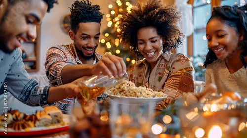 Cheerful interracial family serving pilaf and pouring tea near dinner at home.