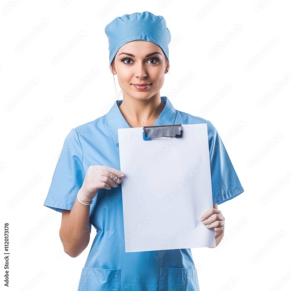 Healthcare professional in a blue uniform holding a clipboard with blank paper. Healthcare professional in a blue uniform holding a clipboard with blank paper.