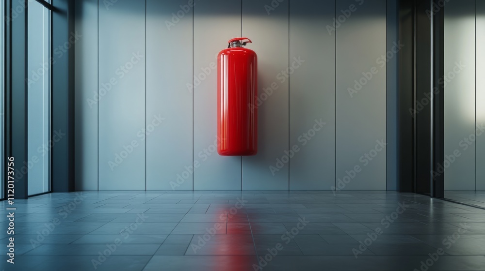 Red fire extinguisher mounted on a modern building wall. Red fire extinguisher mounted on a modern building wall.