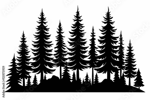 Black Silhouette of Pine Forest on White Background