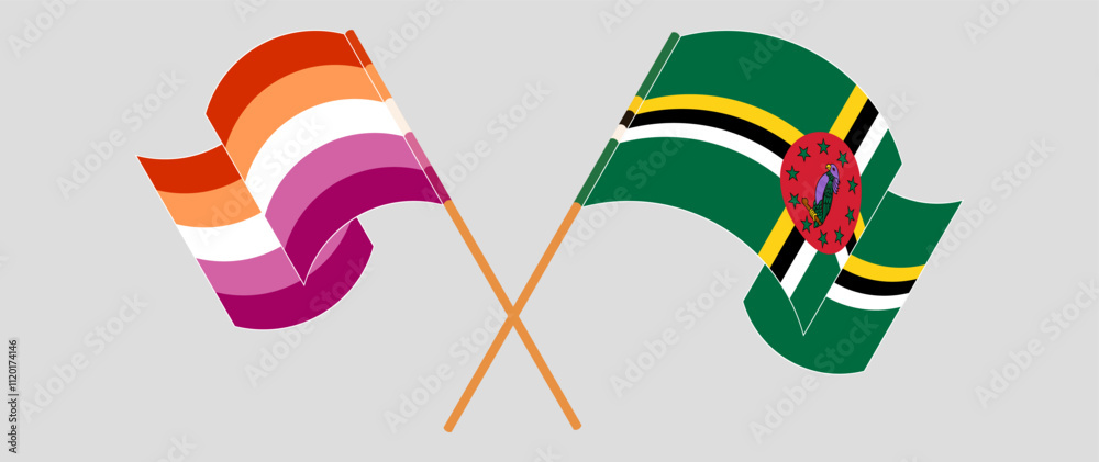 Crossed and waving flags of Lesbian Pride and Dominica. Vector illustration Crossed and waving flags of Lesbian Pride and Dominica. Vector illustration