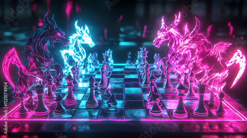 Angelic and devilish creatures playing chess on a neon lit board with pieces shaped like illuminated animals. Seraphic. Illustration photo