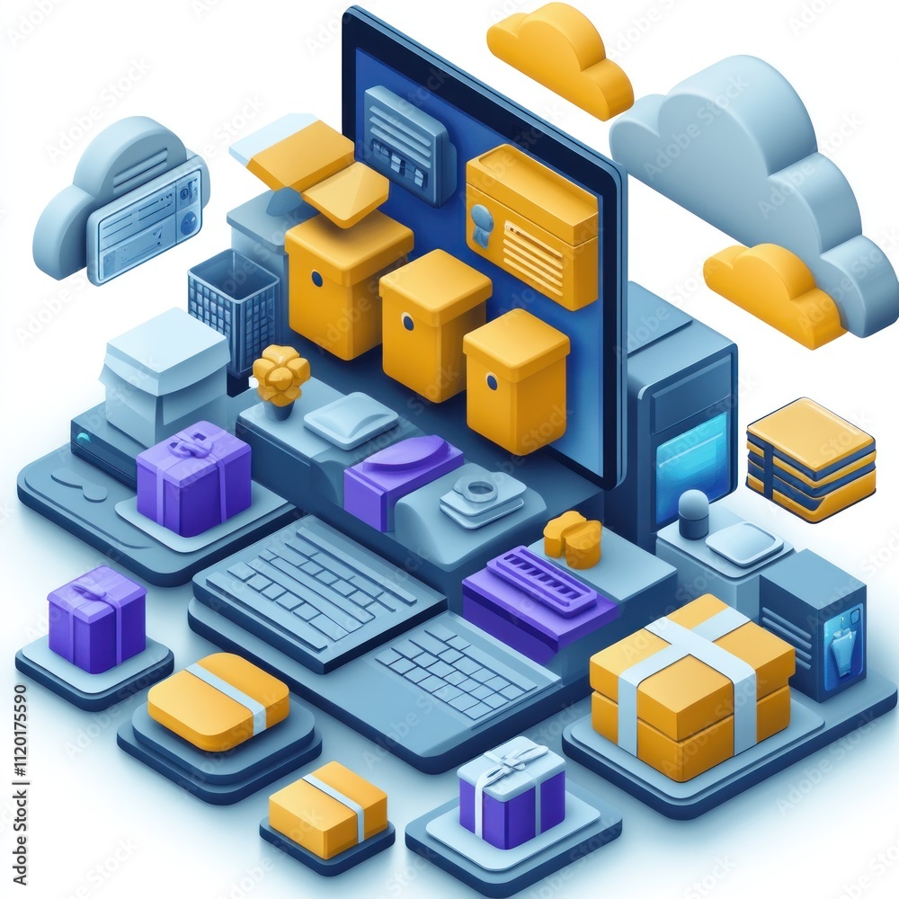 A 3D illustration of technology and digital storage with various packages and devices.