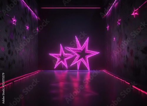 Fuzzy lilac pink and red multi pointed stars in a dark room with neon lights , futuristic, cyberpunk, cosmic photo