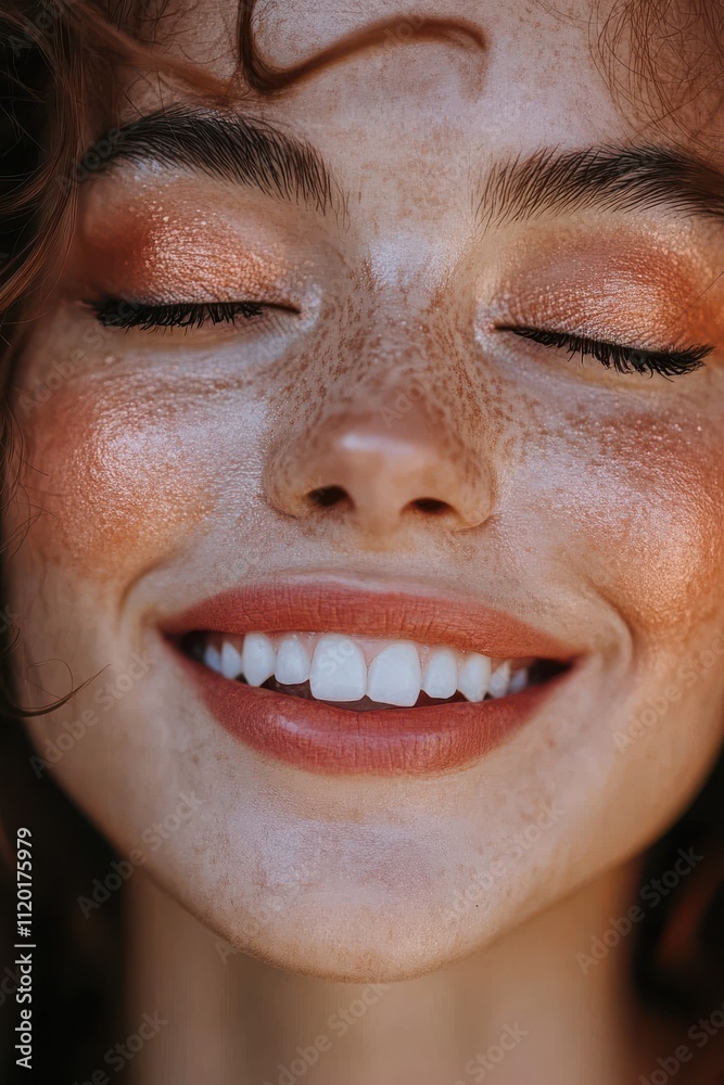 Bright and Radiant Portrait of a Smiling Young Woman with Freckles and Warm Makeup Emphasizing Natural Beauty and Joy in a Soft Light Setting Bright and Radiant Portrait of a Smiling Young Woman with Freckles and Warm Makeup Emphasizing Natural Beauty and Joy in a Soft Light Setting