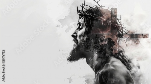 Double exposure of Jesus Christ and the cross on white background. Digital artwork. 