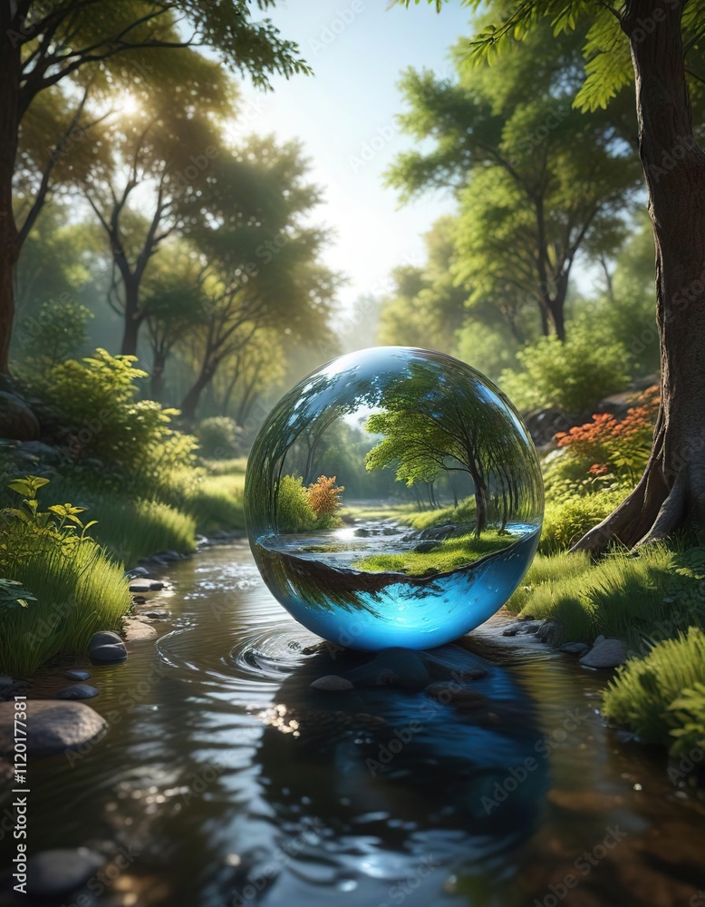 Glass sphere with a meandering stream and surrounding trees, plants, glass dome, foliage Glass sphere with a meandering stream and surrounding trees, plants, glass dome, foliage