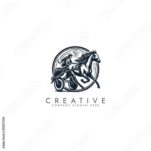Harness racing horse and chariot, vintage horse racing logo vector design
