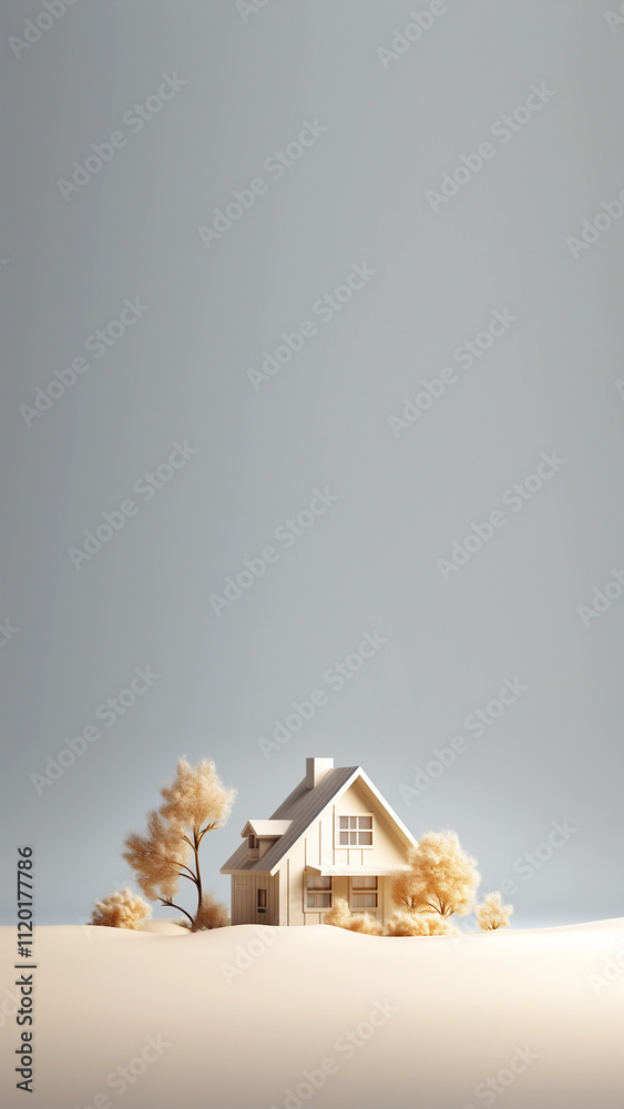 A cozy winter house cartoon with snow covering the roof and ground. The house is warm and inviting, set against a vertical snowy background with ample copy space for holiday or seasonal messages