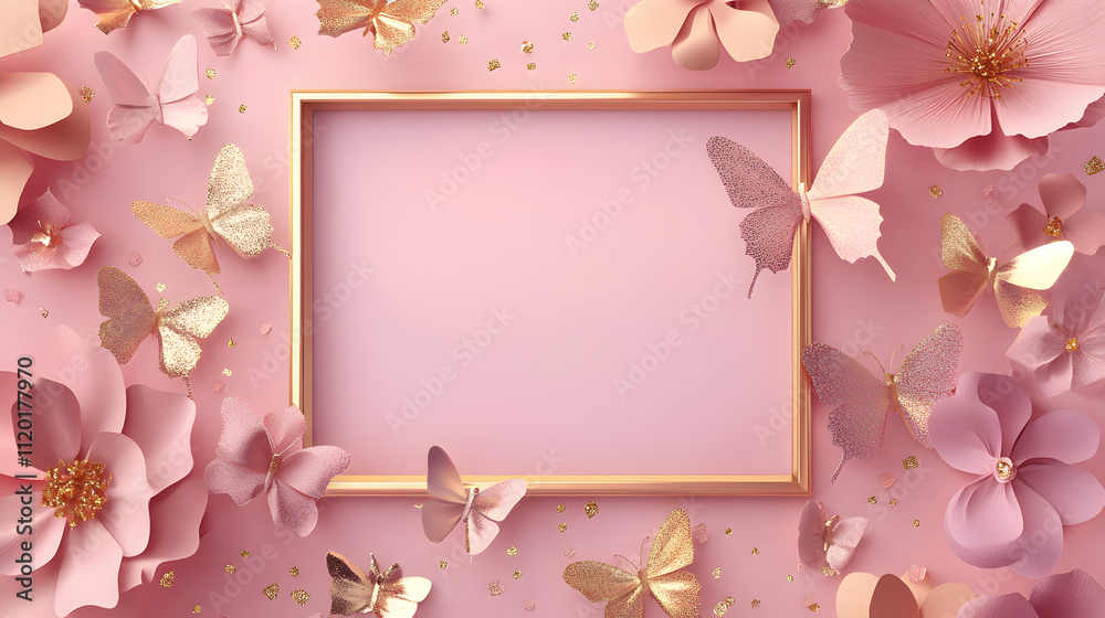 un fondo color rosa pastel con mariposas de papel elegantes resaltadas en tercera dimension rodeando un marco o porta retrato dorado vacio con espacio de copia para invitacion o tarjeta decorativa un fondo color rosa pastel con mariposas de papel elegantes resaltadas en tercera dimension rodeando un marco o porta retrato dorado vacio con espacio de copia para invitacion o tarjeta decorativa