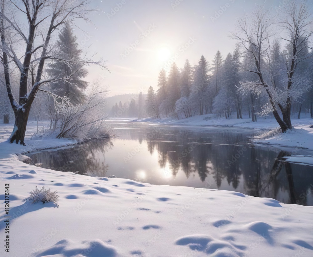 Glittering snowflakes cover the ground on a serene winter landscape with a frozen lake and snow-covered trees in the background , wintery scene, serene environment, icy terrain Glittering snowflakes cover the ground on a serene winter landscape with a frozen lake and snow-covered trees in the background , wintery scene, serene environment, icy terrain