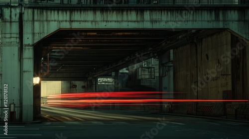Red light trails under a dark urban overpass at night.