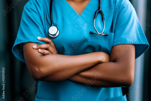 Portrait of a doctor and nurse standing side by side, both with their arms crossed. The doctor is wearing a blue medical gown, while the nurse is also dressed in similar attire photo