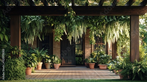 country house with a wooden arbor decorated with hanging ferns and potted plants, creating a lush green entrance