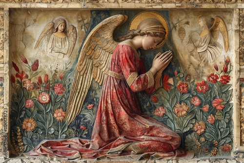 Serene Depiction of an Angelic Figure Kneeling in Prayer Surrounded by Vibrant Flowers and Gentle Guardian Angels in an Ornate, Three-Dimensional Relief Work photo