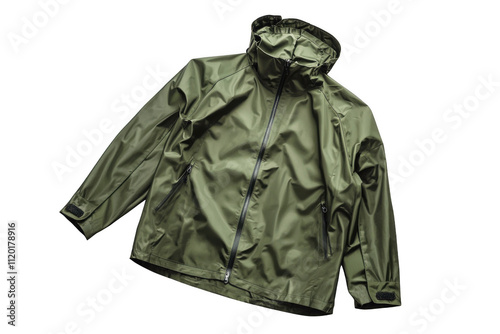 Mens green rain jacket on white backgroundsional