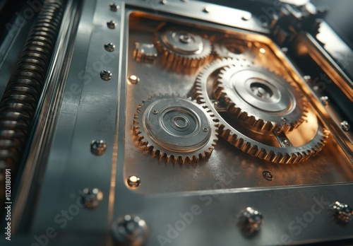 Close-Up View of Intricate Metallic Gears and Mechanisms Inside a Machine Showcasing Precision Engineering and Innovative Design Elements