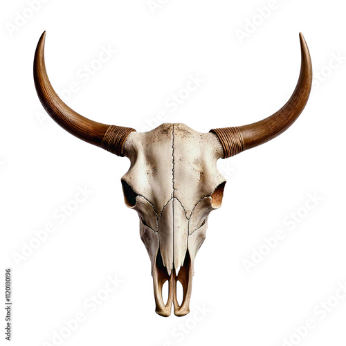 Fierce bovine skull with prominent horns and detailed weathered texture visible. photo