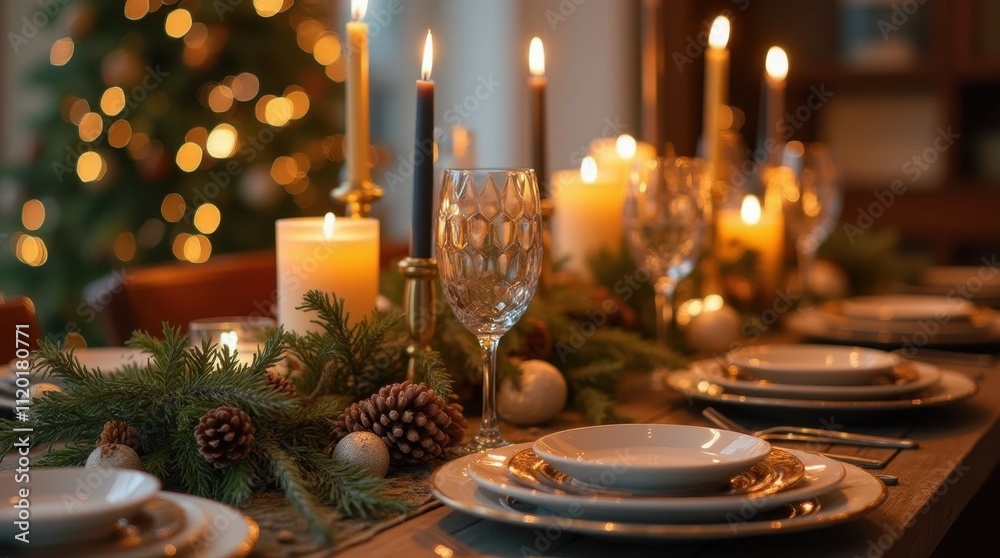 Festive Holiday Table Setting with Candles and Greenery Festive Holiday Table Setting with Candles and Greenery