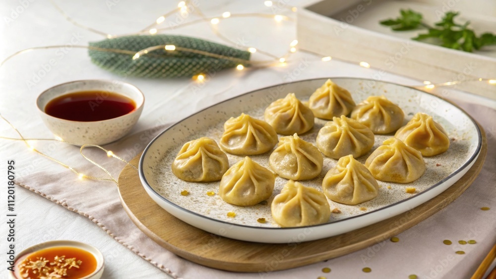 A festive table setting features a plate overflowing with gold ingotshaped dumplings meticulously lined up in symmetrical order. A small dish of tangy ginger sauce is p nearby and A festive table setting features a plate overflowing with gold ingotshaped dumplings meticulously lined up in symmetrical order. A small dish of tangy ginger sauce is p nearby and