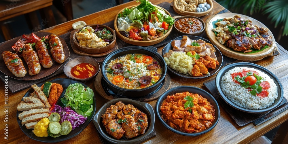 Colorful Array of Delicious Dishes Featuring Grilled Meats, Fresh Salads, Hearty Rice Bowls, and Tempting Side Dishes on Wooden Table in Natural Light Colorful Array of Delicious Dishes Featuring Grilled Meats, Fresh Salads, Hearty Rice Bowls, and Tempting Side Dishes on Wooden Table in Natural Light
