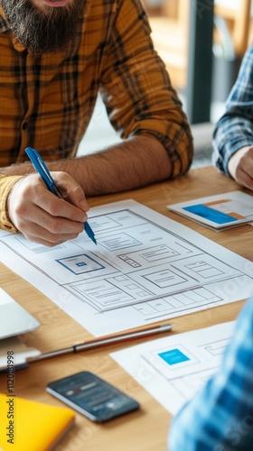 Designers collaborating on a user interface project, analyzing layouts and brainstorming ideas to create an innovative digital experience for their new application. photo