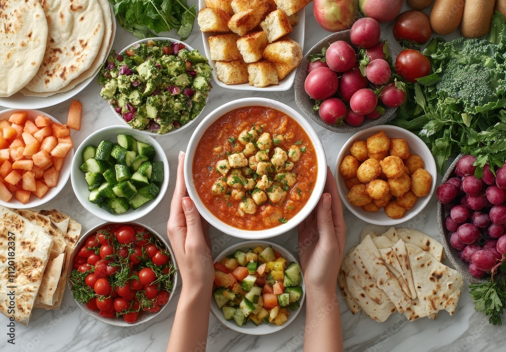 Colorful Display of Fresh Ingredients and Delicious Dishes on a Marble Surface with Hands Serving a Bowl of Soup Surrounded by Vegetables and Breads Colorful Display of Fresh Ingredients and Delicious Dishes on a Marble Surface with Hands Serving a Bowl of Soup Surrounded by Vegetables and Breads
