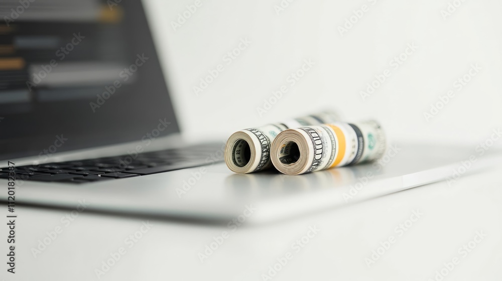 Rolled dollar bills on a laptop, symbolizing online finance or digital currency.