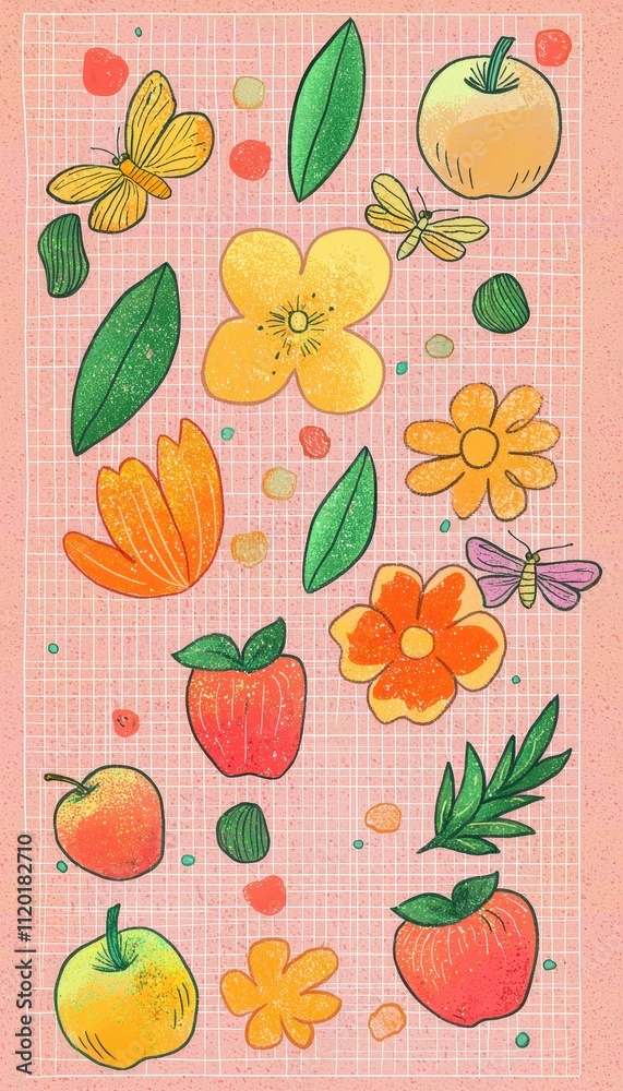 custom made wallpaper toronto digitalAbstract Vertical Arrangement of Colorful Fruits and Flowers on a Soft Pink Background