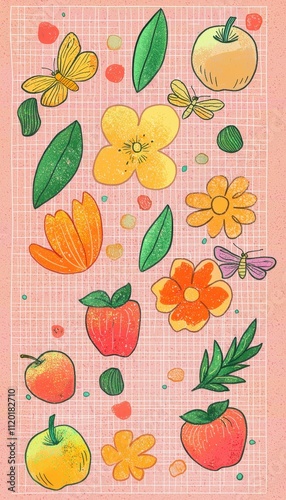Wallpaper Mural Abstract Vertical Arrangement of Colorful Fruits and Flowers on a Soft Pink Background Torontodigital.ca