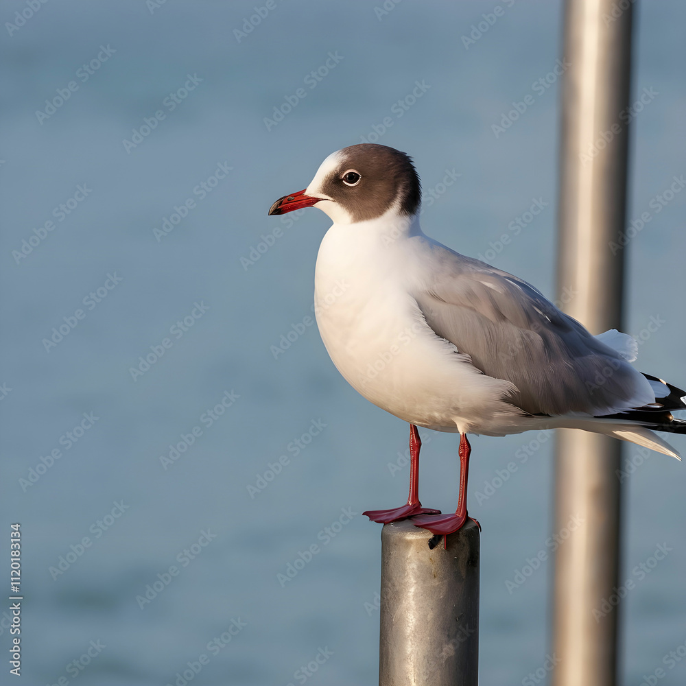 Fototapeta premium A-black headed gull perched on a metal pole in the blurred background