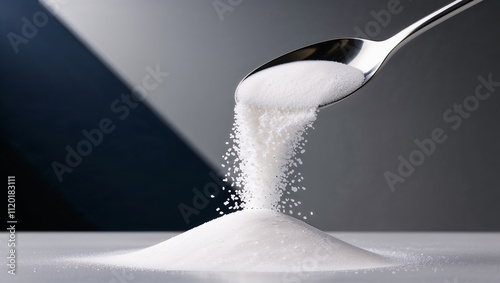 Spoon pouring sugar onto pile on reflective surface with dark background