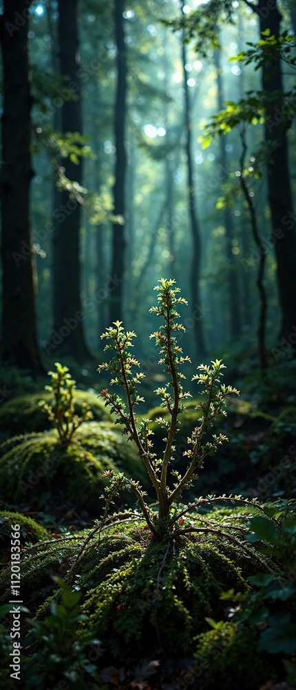 Fototapeta premium Low-light shot of forkmoss or Dicranum growing in a shaded forest area, plant life in shadow, shaded forest